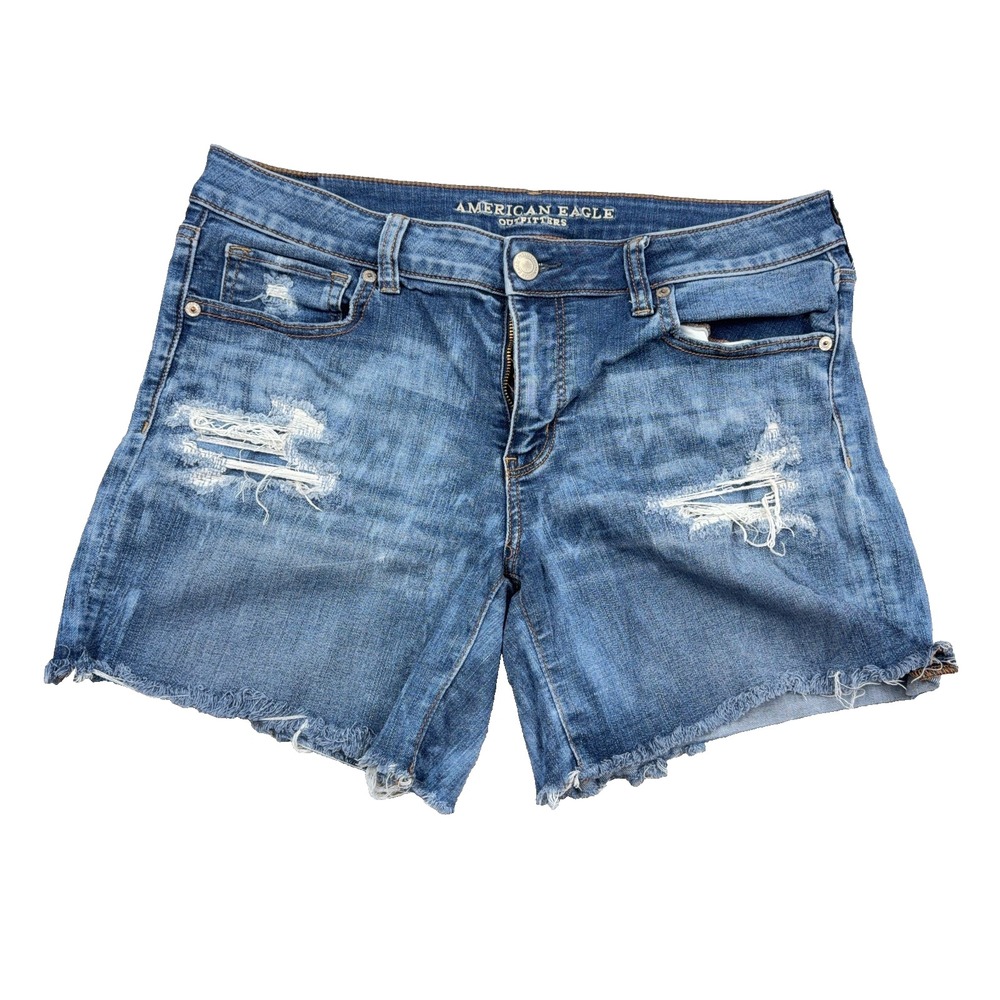 American Eagle Shorts Women 14 Midi Cut Off Mid Rise Med Wash Distressed Faded